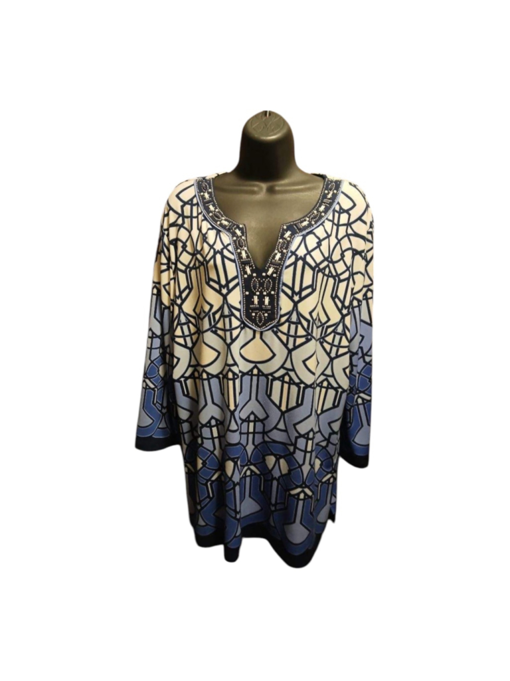 JM Collection Blue Geometric Embellished Tunic Top XL Stretch INV474 A8